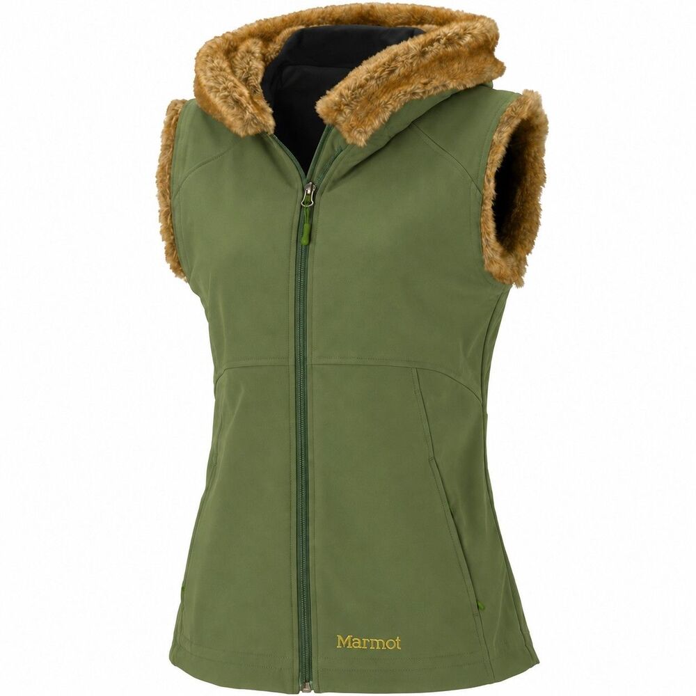 Marmot Furlong Softshell Vest Womens XL Sleeveless Green Fleece Lined Hooded